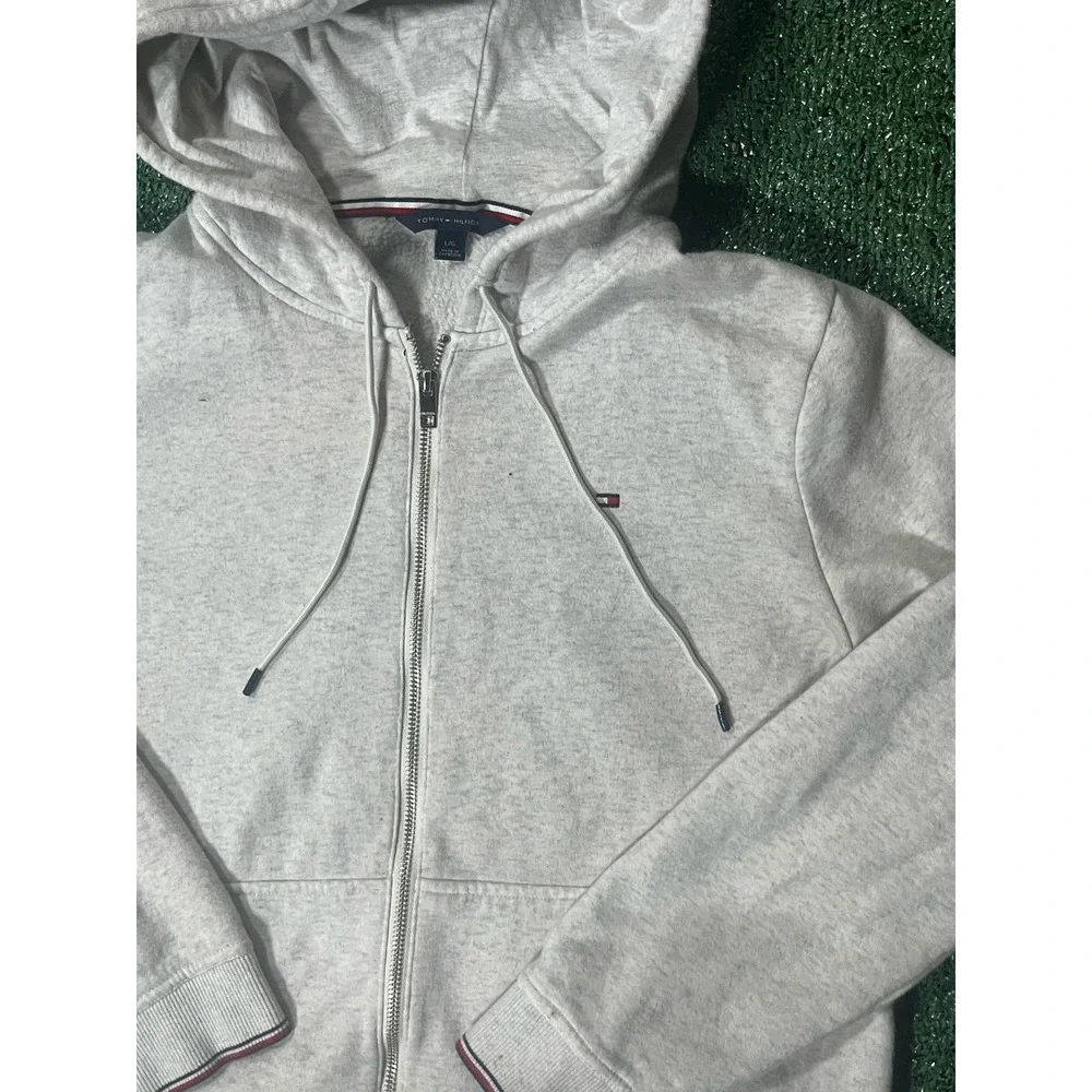 Tommy Hilfiger Jeans Crop Full Zip Hoodie Women L TG XG Grey Knit Long Sleeve - Picture 2 of 3